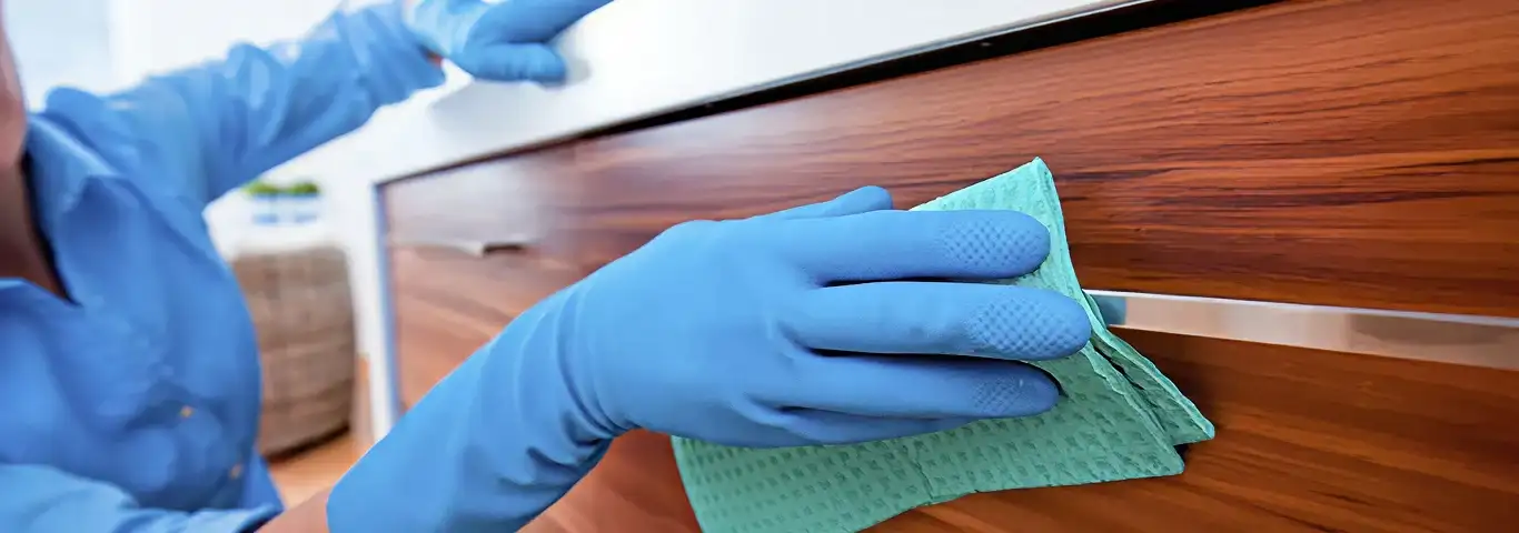 Cleaner wearing blue gloves wiping a wooden cabinet drawer with a microfiber cloth for dust and grime removal, Charlotte, NC.