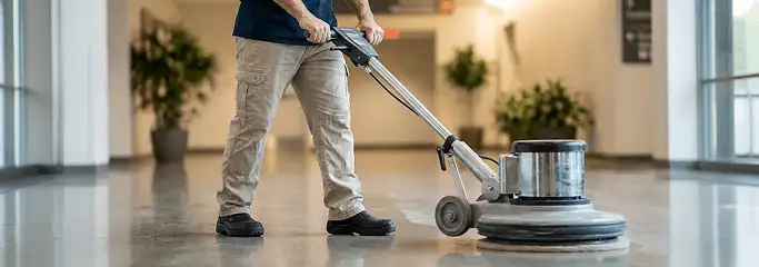 Professional technician using an industrial floor buffer to polish and maintain shiny commercial flooring in a corporate hallway in Charlotte, NC.