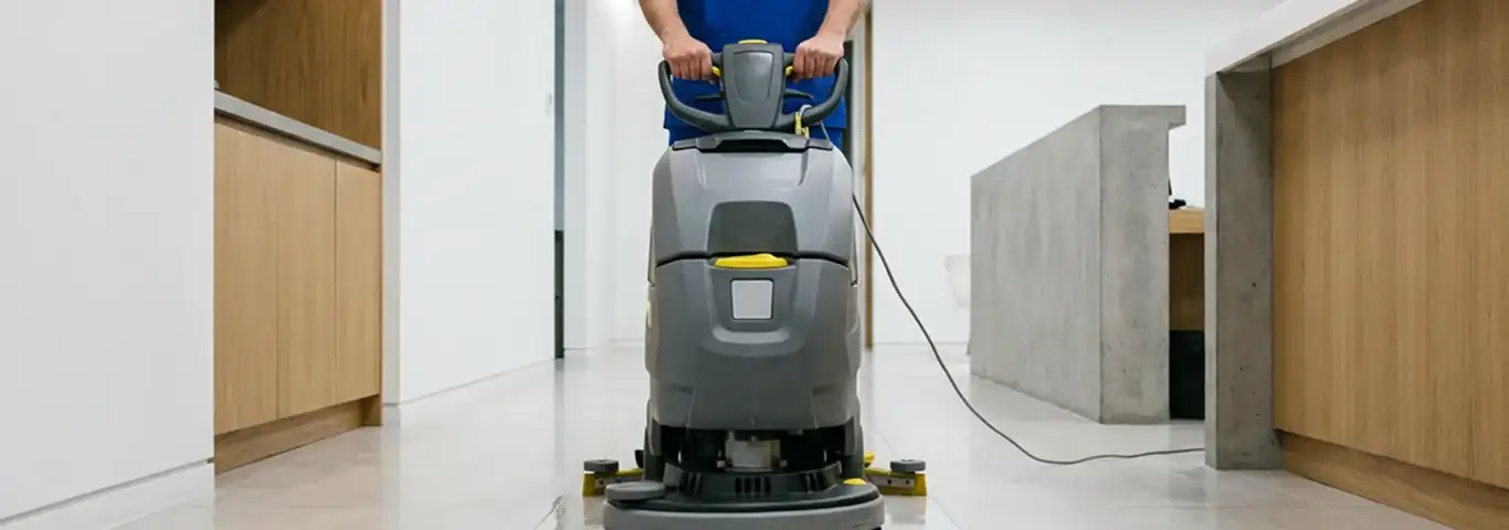 Janitorial staff using a floor scrubber machine to clean a commercial hallway, Charlotte, NC.