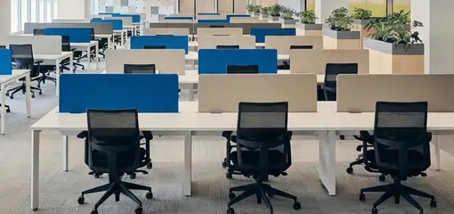 Modern open-plan office space featuring clean workstations, ergonomic chairs, and sanitized carpets provided by professional office cleaning services in Charlotte, NC.