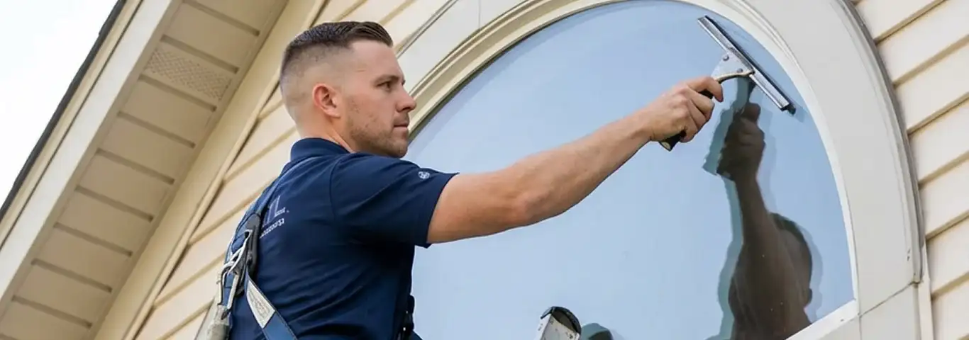 Professional window cleaner using a squeegee to clean an exterior arched window on a home, Charlotte, NC.