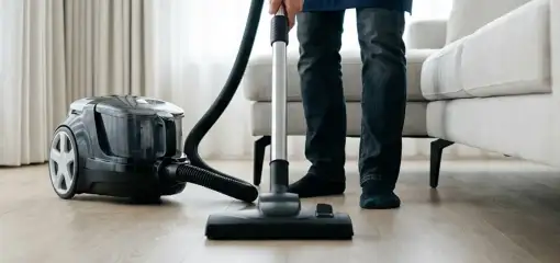 Professional house cleaner vacuuming a living room floor with a canister vacuum cleaner, Charlotte, NC.