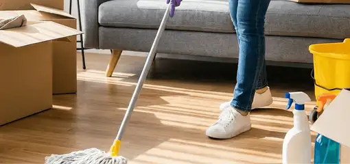 Move-out cleaning setup with a cleaner mopping hardwood floors near moving boxes and cleaning supplies, Charlotte, NC.
