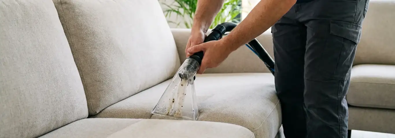 Technician extracting dirt and moisture from a fabric sofa with an upholstery cleaning wand, Charlotte, NC.