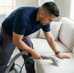 Professional upholstery cleaning technician using an extraction wand to deep-clean a fabric sofa, Charlotte, NC.