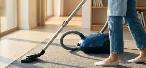 Person vacuuming a living room rug with a canister vacuum cleaner near large windows, Charlotte, NC.